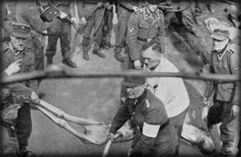 S.S. troops loading bodies on to the lorries for transporting to the burial ground 